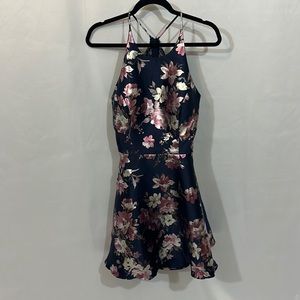 B. Smart Navy and Pink Floral Patterned Satin Flare Dress Size 13